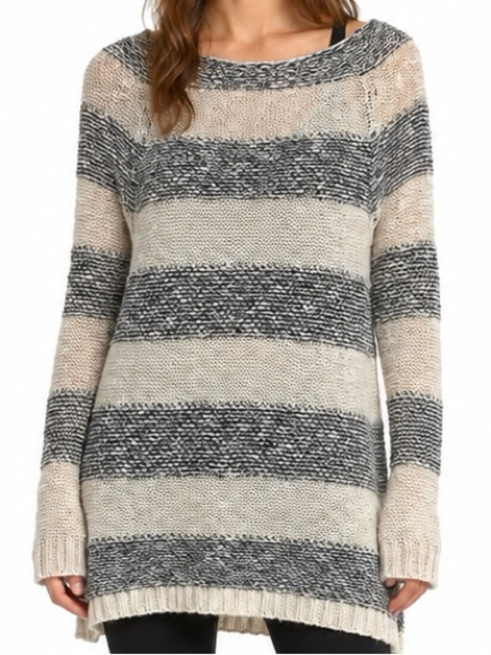 Mudd Women’s Medium Striped Open Knit Tunic Sweater Cream Gray Boat Neck